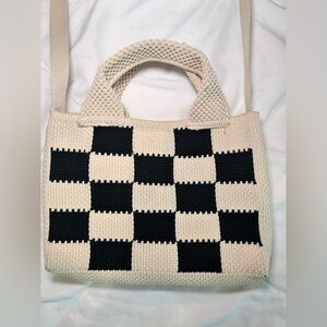Cream & Black Check Knit Tote Bag - Elegant Women's Handbag